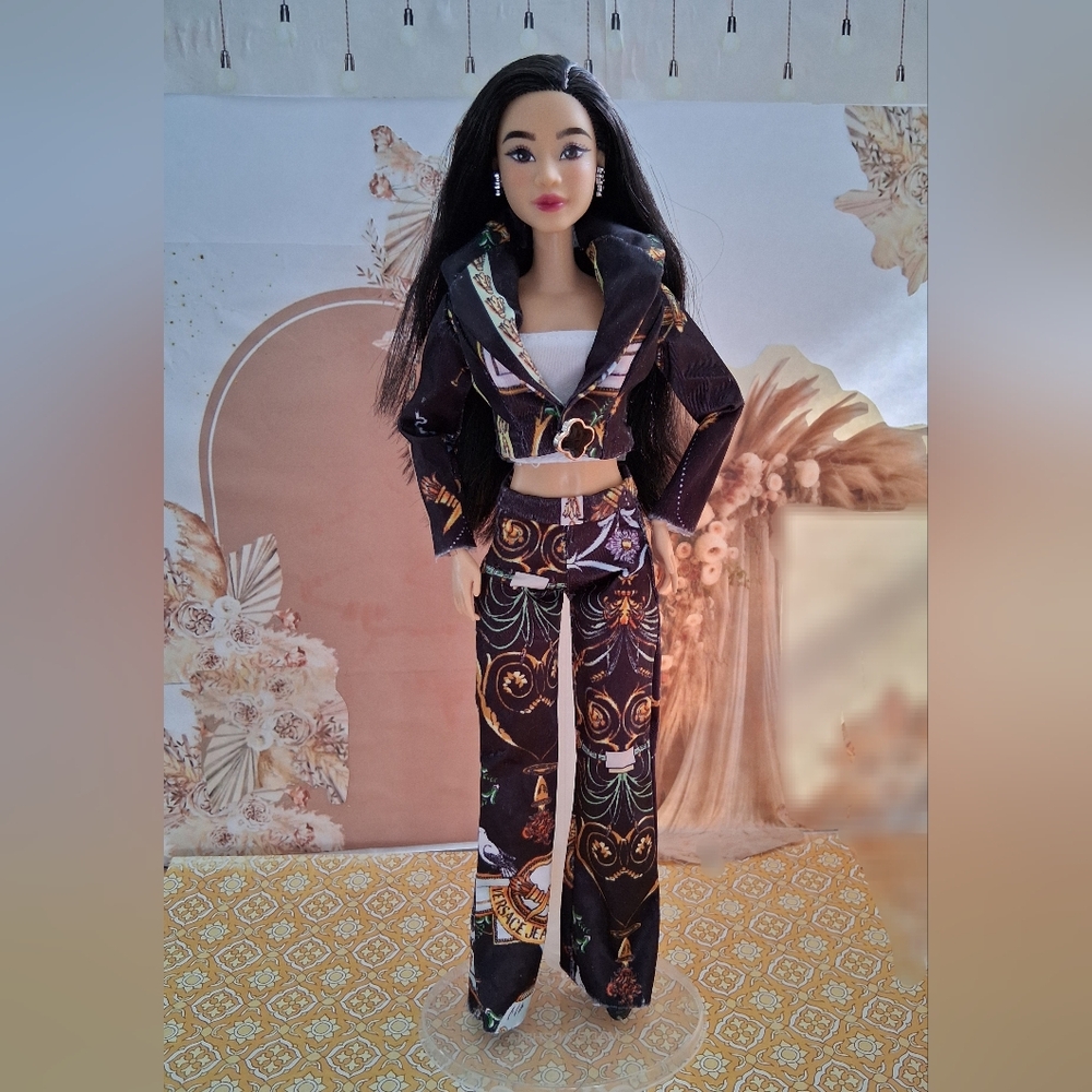 11.5 Inch Doll Black Patterned Pants suit